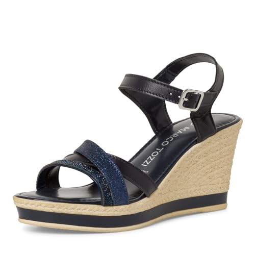 MARCO TOZZI Damen Sandalen mit Keilabsatz aus Leder mit Glitzerdetail, Blau (Navy Comb), 41 EU von MARCO TOZZI