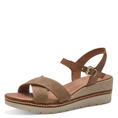 MARCO TOZZI Damen Sandalen mit Keilabsatz mit Verstellbarem Riemen aus Leder, Beige (Antelope Comb), 38 EU von MARCO TOZZI