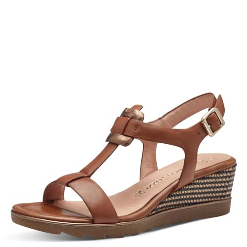 MARCO TOZZI Damen Sandalen mit Keilabsatz mit Verstellbarem Riemen aus Leder, Braun (Cognac Comb), 37 EU von MARCO TOZZI