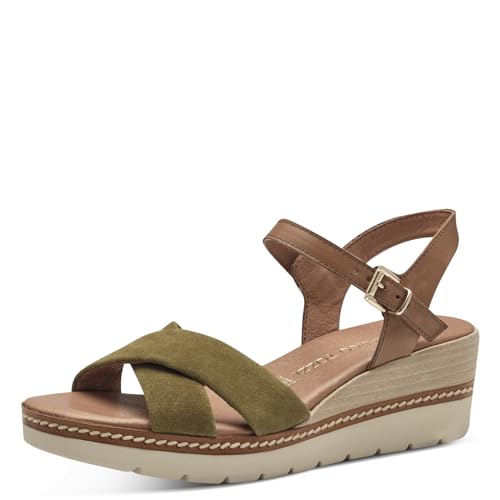 MARCO TOZZI Damen Sandalen mit Keilabsatz mit Verstellbarem Riemen aus Leder, Mehrfarbig (Fern Green Com), 38 EU von MARCO TOZZI