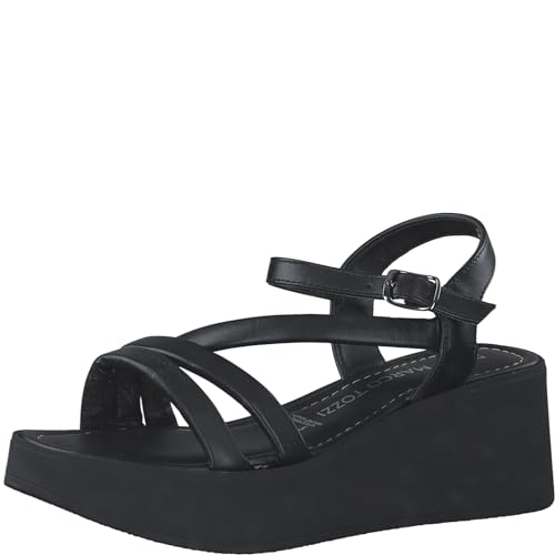 MARCO TOZZI Damen Sandalen mit Keilabsatz mit Verstellbarem Riemen aus Leder, Schwarz (Schwarz), 37 EU von MARCO TOZZI