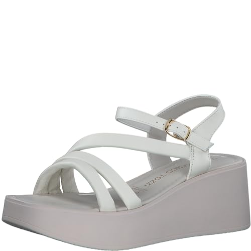 MARCO TOZZI Damen Sandalen mit Keilabsatz mit Verstellbarem Riemen aus Leder, Weiß (Pebble), 36 EU von MARCO TOZZI