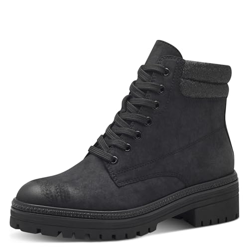 MARCO TOZZI Damen Schnürstiefel ohne Absatz mit Blockabsatz mit Reißverschluss, Schwarz (Black/Glam), 40 EU von MARCO TOZZI