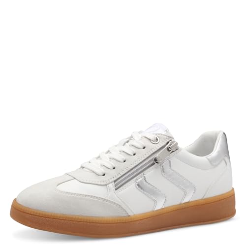 MARCO TOZZI Damen Sneaker flach mit Schnürsenkeln Freizeit, Weiß (White/Silver), 42 EU von MARCO TOZZI
