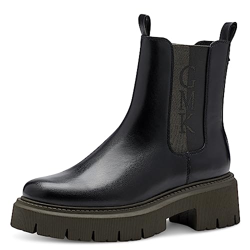 MARCO TOZZI by Guido Maria Kretschmer Damen Chelsea Boots aus Kunstleder Plateau, Schwarz (Black/Khaki), 42 von MARCO TOZZI