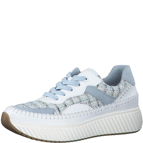 MARCO TOZZI Damen Plateau Sneaker mit Hahnentrittmuster Elegant, Mehrfarbig (White Lt Blue), 39 EU von MARCO TOZZI