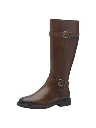 MARCO TOZZI Damen Hohe Stiefel ohne Absatz aus Leder mit Schnallen, Braun (Cognac Comb), 36 EU von MARCO TOZZI