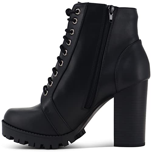 MARCOREPUBLIC Chicago Damen Military Combat Boots Round Toe Chunky Block Stacked High Heels Lace Up Booties für Frauen, Schwarz Kunstleder, 38.5 EU von MARCOREPUBLIC