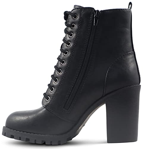 MARCOREPUBLIC Manila Damen Combat Boots Runde Zehen Chunky Blockabsatz Schnürung Seitliche Reißverschlüsse Stiefeletten für Frauen, Schwarz, 38 EU von MARCOREPUBLIC