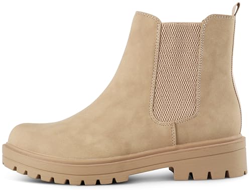 MARCOREPUBLIC Portland Damen Runde Zehe Chunky Heels Stiefeletten Chelsea Boots, Nubukleder beige, 40.5 EU von MARCOREPUBLIC