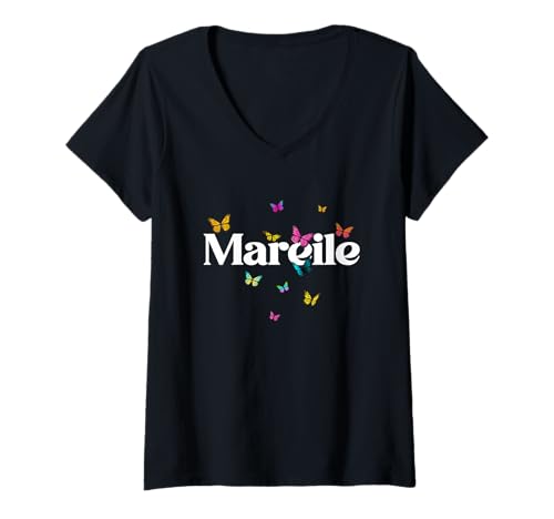 Damen MAREILE - Schöner Mädchen Name mit bunten Schmetterlingen T-Shirt mit V-Ausschnitt von MAREILE Tochter Enkel Geburtstag Geschenkideen