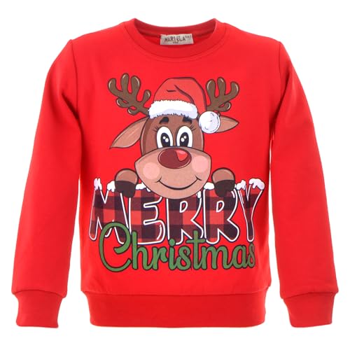 MARIELA KIDS Kinder Weihnachten Pullover | Sweatshirt Jungen/Mädchen | Winterpullover Sweater Rudolph | Baumwolle | WeihnachtShirt | Kinderpullover (DE/NL/SE/PL, Numerisch, 116, Regular, Rentier) von MARIELA KIDS