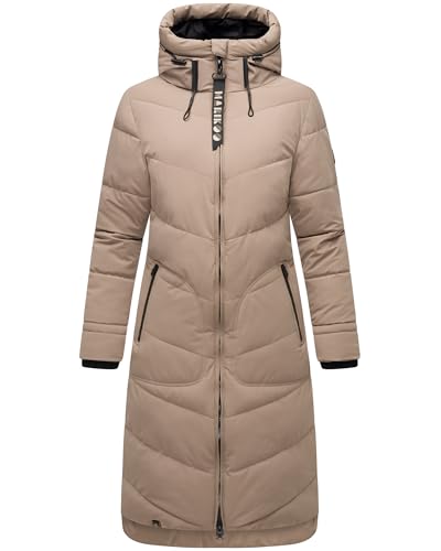 Damen Wintermantel Warmer Steppmantel elegant lang jacke Mantel warm gefüttert mit große Kapuze und hohem Kragen Benikoo XS-3XL (DE/NL/SE/PL, Alphanumerisch, XXL, Regular, Regular, Taupe Grey) von MARIKOO