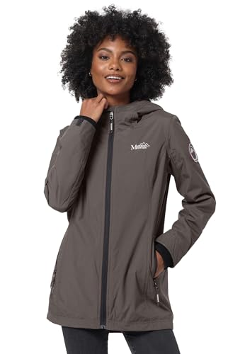 MARIKOO Übergangsjacke Damen (XS-XXL) - Atmungsaktiv, Innen Samtweicher Stoff, Kapuze, Winddicht - leichte Jacke lang - Stehkragen, 3 Taschen, verlängerter Zipper - Anthra L von MARIKOO