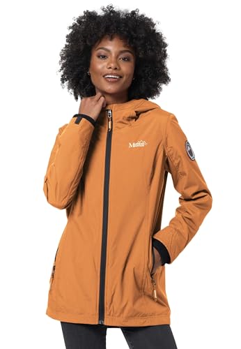 MARIKOO Übergangsjacke Damen (XS-XXL) - Atmungsaktiv, Innen Samtweicher Stoff, Kapuze, Winddicht - leichte Jacke lang - Stehkragen, 3 Taschen, verlängerter Zipper - Cinnamon M von MARIKOO