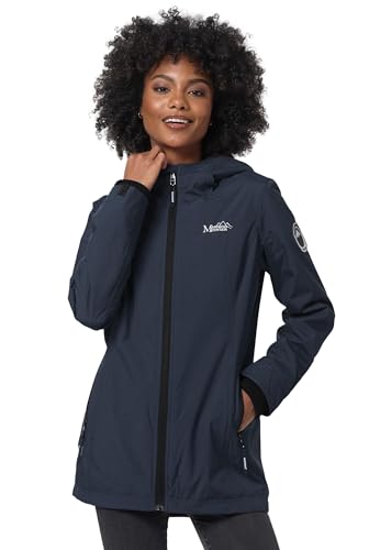 MARIKOO Übergangsjacke Damen (XS-XXL) - Atmungsaktiv, Innen Samtweicher Stoff, Kapuze, Winddicht - leichte Jacke lang - Stehkragen, 3 Taschen, verlängerter Zipper - Navy XS von MARIKOO