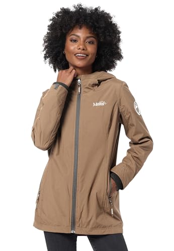 MARIKOO Übergangsjacke Damen (XS-XXL) - Atmungsaktiv, Innen Samtweicher Stoff, Kapuze, Winddicht - leichte Jacke lang - Stehkragen, 3 Taschen, verlängerter Zipper - Taupe L von MARIKOO