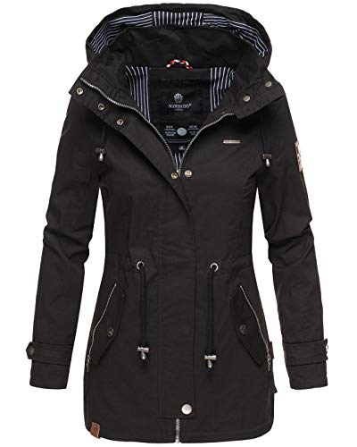 MARIKOO Damen Jacke Frühling Übergangsjacke leicht Parka Mantel Kapuze B690 [B690-Nyok-Schwarz-Gr.XXL] von MARIKOO