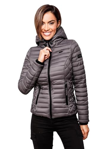 MARIKOO Damen Jacke Steppjacke Übergangsjacke mit Kapuze gesteppt B600 [B600-Samt-Anthrazit-Gr.XS] von MARIKOO