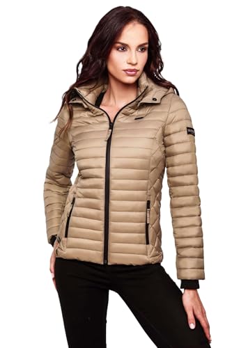 MARIKOO Damen Jacke Steppjacke Übergangsjacke mit Kapuze gesteppt B600 [B600-Samt-Taupe-Grau-Gr.S] von MARIKOO