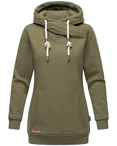 MARIKOO Damen Kapuzen Pullover Hoodie Sweatshirt lang Pulli Sweater IZUYAA, Farbe:Dusty Olive Melange, Größe:XL / 42 von MARIKOO