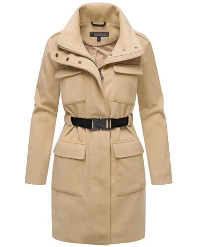 MARIKOO Damen Lange Übergangsjacke Kurzmantel in Woll-Optik mit Taillengürtel Tanokoo 16 Beige Gr. M von MARIKOO