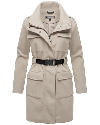 MARIKOO Damen Lange Übergangsjacke Kurzmantel in Woll-Optik mit Taillengürtel Tanokoo 16 Bone Gr. L von MARIKOO