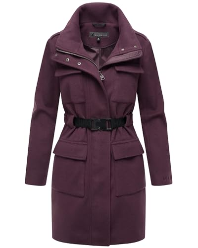 MARIKOO Damen Lange Übergangsjacke Kurzmantel in Woll-Optik mit Taillengürtel Tanokoo 16 Dusty Plum Gr. L von MARIKOO