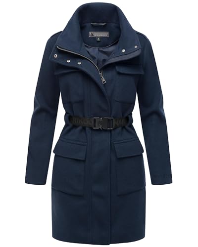 MARIKOO Damen Lange Übergangsjacke Kurzmantel in Woll-Optik mit Taillengürtel Tanokoo 16 Navy Gr. XL von MARIKOO
