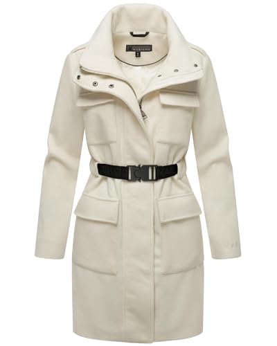 MARIKOO Damen Lange Übergangsjacke Kurzmantel in Woll-Optik mit Taillengürtel Tanokoo 16 Off White Gr. M von MARIKOO