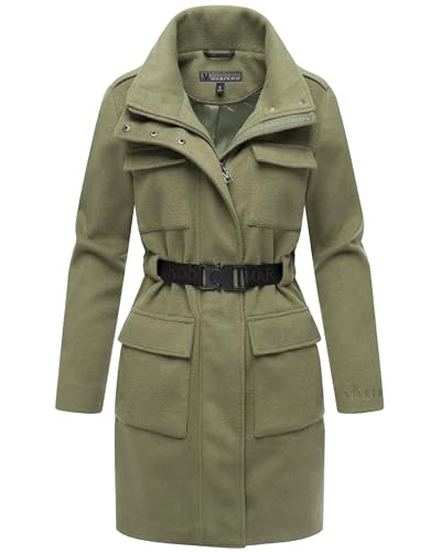 MARIKOO Damen Lange Übergangsjacke Kurzmantel in Woll-Optik mit Taillengürtel Tanokoo 16 Olive Leaf Gr. XL von MARIKOO