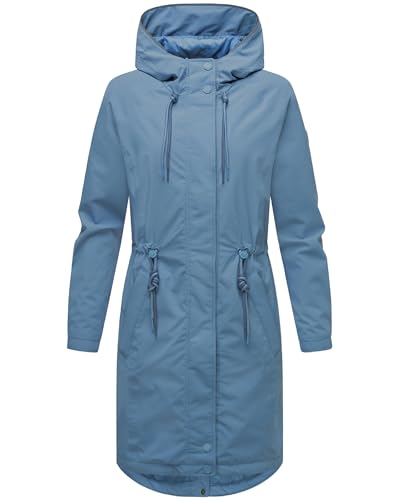 MARIKOO Damen Lange Übergangsjacke wasserdichter Mantel mit reflektierenden Details und Taillenzugband Megumii 16 Powder Blue Gr. L von MARIKOO