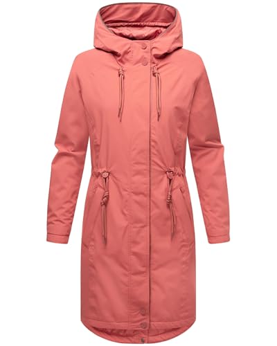 MARIKOO Damen Lange Übergangsjacke wasserdichter Mantel mit reflektierenden Details und Taillenzugband Megumii 16 Rouge Gr. S von MARIKOO