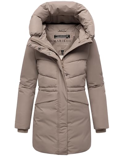 MARIKOO Damen Langer Mantel warme Winterjacke mit Kapuze und Taillenzugband Delilah 16 Taupe Grey Gr. S von MARIKOO