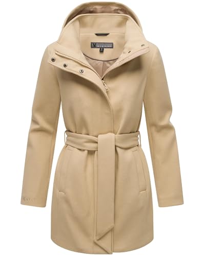 MARIKOO Damen Langer Trenchcoat warme Übergangsjacke in Woll-Optik mit Abnehmbarer Kapuze Katalinaa 16 Beige Gr. L von MARIKOO