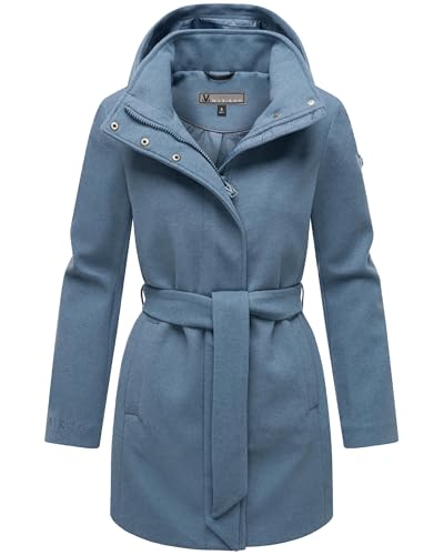 MARIKOO Damen Langer Trenchcoat warme Übergangsjacke in Woll-Optik mit Abnehmbarer Kapuze Katalinaa 16 Dusty Blue Gr. S von MARIKOO