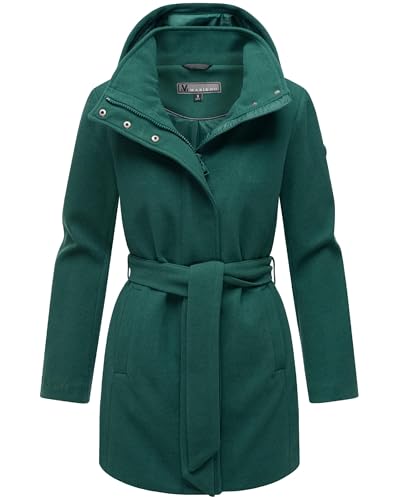 MARIKOO Damen Langer Trenchcoat warme Übergangsjacke in Woll-Optik mit Abnehmbarer Kapuze Katalinaa 16 Evergreen Gr. L von MARIKOO