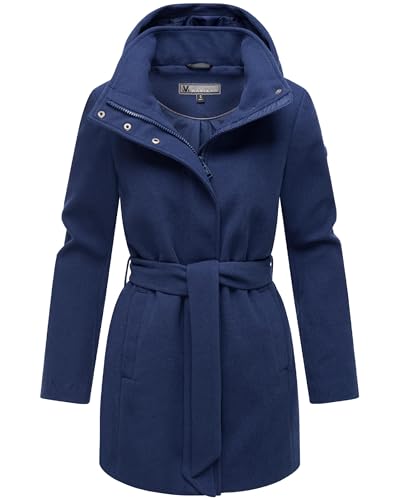 MARIKOO Damen Langer Trenchcoat warme Übergangsjacke in Woll-Optik mit Abnehmbarer Kapuze Katalinaa 16 Navy Gr. XS von MARIKOO