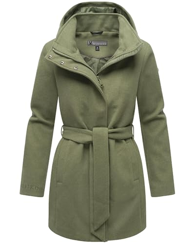 MARIKOO Damen Langer Trenchcoat warme Übergangsjacke in Woll-Optik mit Abnehmbarer Kapuze Katalinaa 16 Olive Leaf Gr. L von MARIKOO