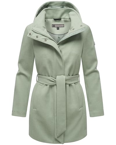 MARIKOO Damen Langer Trenchcoat warme Übergangsjacke in Woll-Optik mit Abnehmbarer Kapuze Katalinaa 16 Smokey Mint Gr. M von MARIKOO