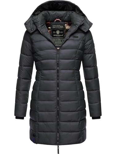 MARIKOO Damen Langer Wintermantel Warmer Steppmantel mit Abnehmbarer Kapuze Abendsternchen Anthrazit Gr. S von MARIKOO