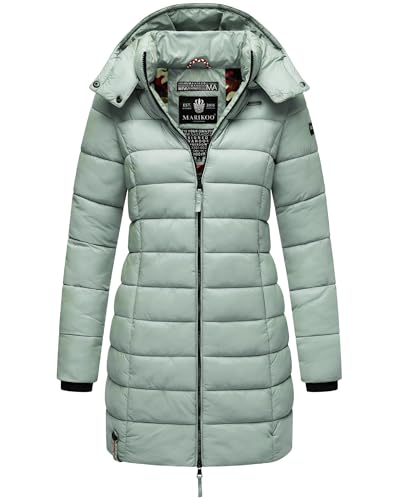 MARIKOO Damen Langer Wintermantel Warmer Steppmantel mit Abnehmbarer Kapuze Abendsternchen Smokey Mint Gr. L von MARIKOO