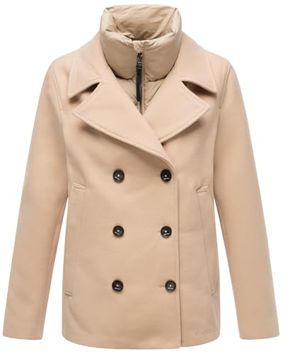 MARIKOO Damen Mantel Kurze Winterjacke mit (abnehmbarem) gestepptem Kragen in Woll-Optik Aylaraa 16 Beige Gr. M von MARIKOO