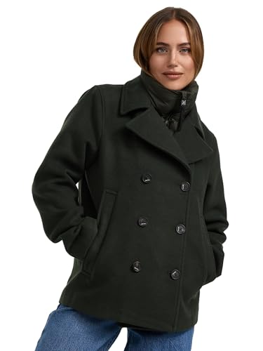 MARIKOO Damen Mantel Kurze Winterjacke mit (abnehmbarem) gestepptem Kragen in Woll-Optik Aylaraa 16 Dark Olive Gr. M von MARIKOO