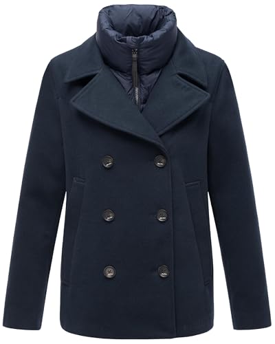 MARIKOO Damen Mantel Kurze Winterjacke mit (abnehmbarem) gestepptem Kragen in Woll-Optik Aylaraa 16 Navy Gr. XXL von MARIKOO