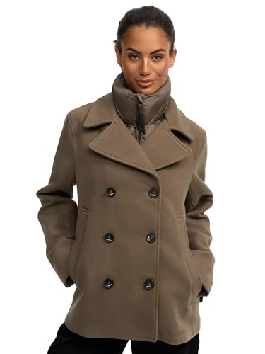 MARIKOO Damen Mantel Kurze Winterjacke mit (abnehmbarem) gestepptem Kragen in Woll-Optik Aylaraa 16 Stone Brown Gr. XXL von MARIKOO