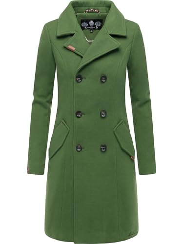 MARIKOO Damen Mantel in Wollmantel-Optik Langer Trenchcoat mit Reversekragen Nanakoo Pine Olive Gr. M von MARIKOO