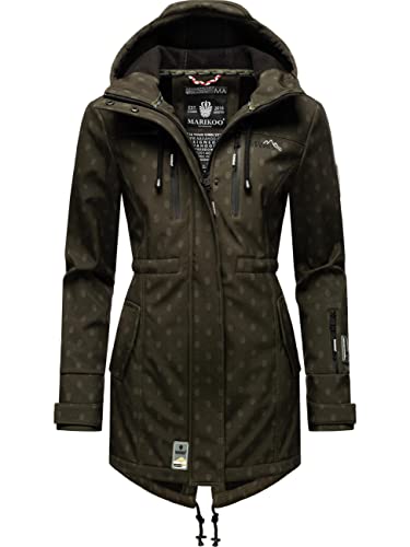 MARIKOO Damen Übergangsjacke Softshellmantel wasserdicht atmungsaktiv mit Kapuze Zimtzicke Dark Olive w. Print Gr. XS von MARIKOO