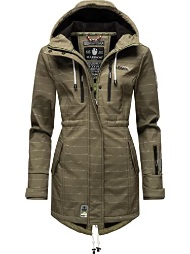 MARIKOO Damen Übergangsjacke Softshellmantel wasserdicht atmungsaktiv mit Kapuze Zimtzicke Olive Lines Gr. S von MARIKOO