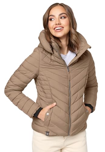 MARIKOO Damen Stepp Jacke gesteppte warme Übergangsjacke Kapuze B957 [B957-Kagom-Taupe-Gr.XL] von MARIKOO